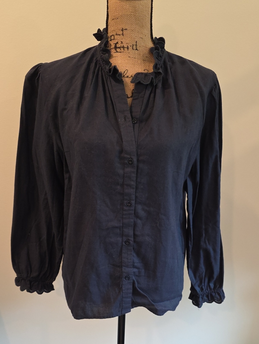 ba&sh Women's Navy Ruffled Collar Top